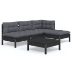 5-Piece Garden Lounge Set with Cushions Black Pine Wood Outdoor Patio Furniture