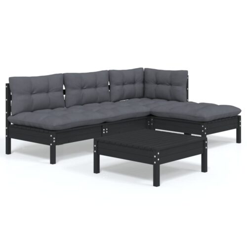 5-Piece Garden Lounge Set with Cushions Black Pine Wood Outdoor Patio Furniture