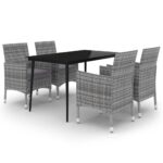 5-Piece Garden Dining Set with Cushions Poly Rattan Wicker Outdoor Patio Furniture Glass