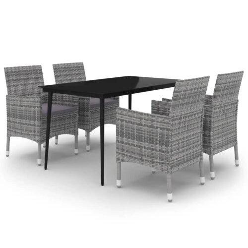 5-Piece Garden Dining Set with Cushions Poly Rattan Wicker Outdoor Patio Furniture Glass