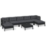 8-Piece Garden Lounge Set with Cushions Black Pine Wood Outdoor Patio Furniture