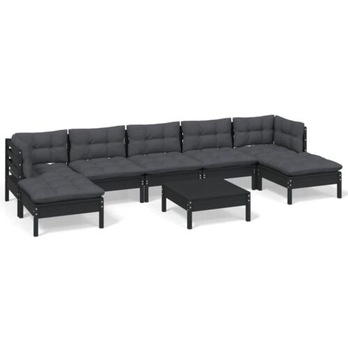 8-Piece Garden Lounge Set with Cushions Black Pine Wood Outdoor Patio Furniture