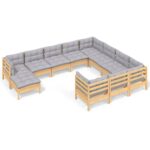 11-Piece Garden Lounge Set with Grey Cushions Pine Wood Outdoor Patio Furniture