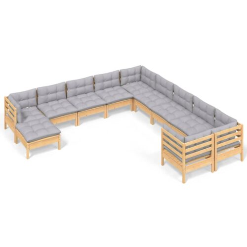 11-Piece Garden Lounge Set with Grey Cushions Pine Wood Outdoor Patio Furniture