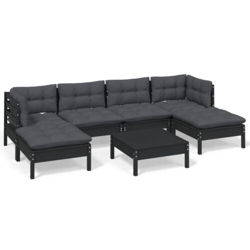7-Piece Garden Lounge Set with Cushions Black Pine Wood Outdoor Patio Furniture