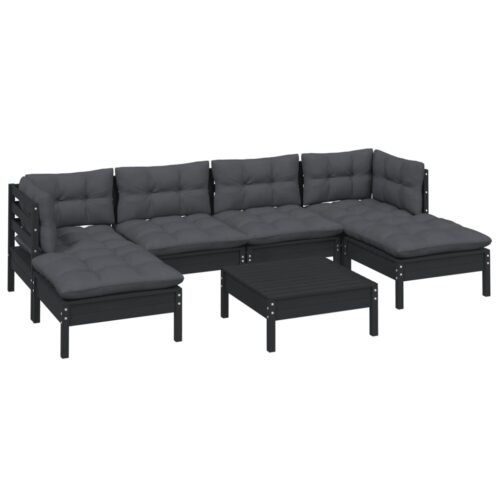 7-Piece Garden Lounge Set with Cushions Black Pine Wood Outdoor Patio Furniture - Image 3