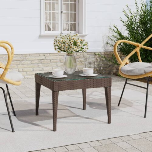 Side Table Brown 50x50x38cm Poly Rattan Tempered Glass - Image 6