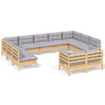 11-Piece Garden Lounge Set with Grey Cushions Pine Wood Outdoor Patio Furniture