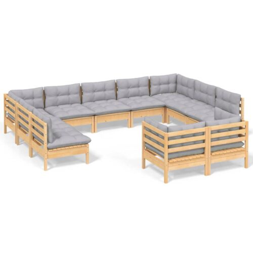 11-Piece Garden Lounge Set with Grey Cushions Pine Wood Outdoor Patio Furniture
