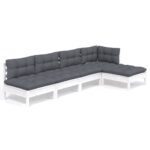 5-Piece Garden Lounge Set with Cushions White Pine Wood Outdoor Patio Furniture