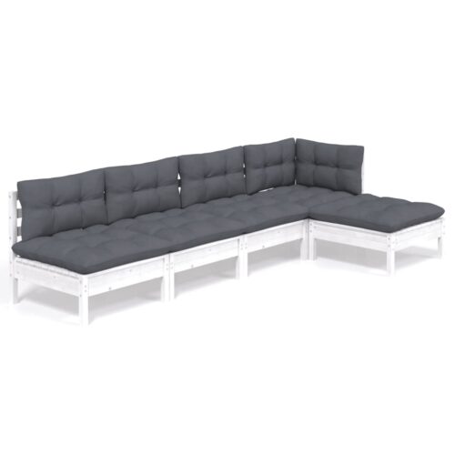 5-Piece Garden Lounge Set with Cushions White Pine Wood Outdoor Patio Furniture