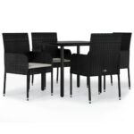 5-Piece Garden Dining Set with Cushions Black Poly Rattan Wicker Outdoor Patio Furniture