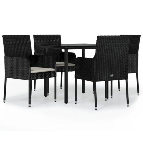 5-Piece Garden Dining Set with Cushions Black Poly Rattan Wicker Outdoor Patio Furniture