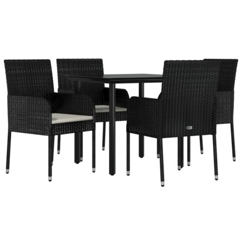 5-Piece Garden Dining Set with Cushions Black Poly Rattan Wicker Outdoor Patio Furniture - Image 3