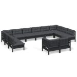 12-Piece Garden Lounge Set with Cushions Black Pine Wood Outdoor Patio Furniture