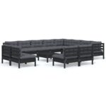 13-Piece Garden Lounge Set with Cushions Black Pine Wood Outdoor Patio Furniture