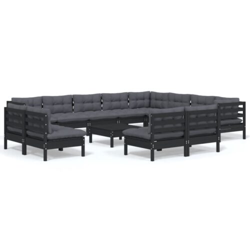 13-Piece Garden Lounge Set with Cushions Black Pine Wood Outdoor Patio Furniture