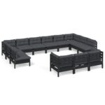 13-Piece Garden Lounge Set with Cushions Black Pine Wood Outdoor Patio Furniture