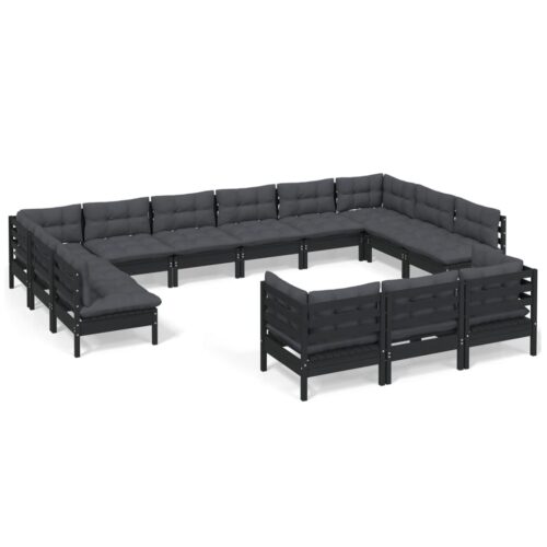 13-Piece Garden Lounge Set with Cushions Black Pine Wood Outdoor Patio Furniture