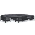 14-Piece Garden Lounge Set with Cushions Black Pine Wood Outdoor Patio Furniture