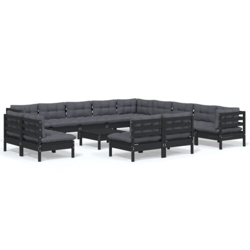 14-Piece Garden Lounge Set with Cushions Black Pine Wood Outdoor Patio Furniture