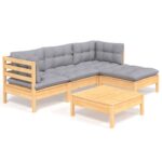 5-Piece Garden Lounge Set with Grey Cushions Pine Wood Outdoor Patio Furniture