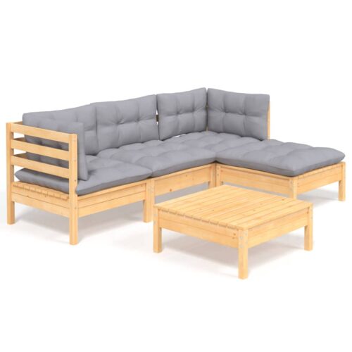 5-Piece Garden Lounge Set with Grey Cushions Pine Wood Outdoor Patio Furniture