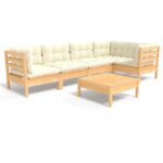 6-Piece Garden Lounge Set with Cream Cushions Pine Wood Outdoor Patio Furniture
