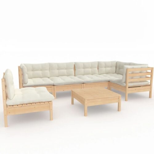 7-Piece Garden Lounge Set with Cream Cushions Pine Wood Outdoor Patio Furniture