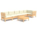 7-Piece Garden Lounge Set with Cream Cushions Pine Wood Outdoor Patio Furniture