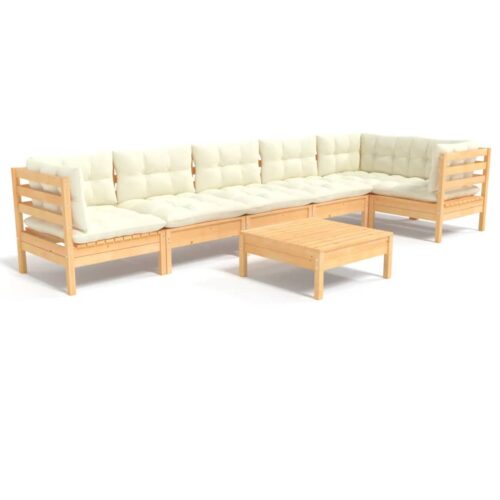 7-Piece Garden Lounge Set with Cream Cushions Pine Wood Outdoor Patio Furniture