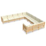 11-Piece Garden Lounge Set with Cream Cushions Pine Wood Outdoor Patio Furniture