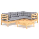 5-Piece Garden Lounge Set with Grey Cushions Pine Wood Outdoor Patio Furniture