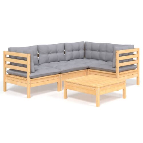 5-Piece Garden Lounge Set with Grey Cushions Pine Wood Outdoor Patio Furniture
