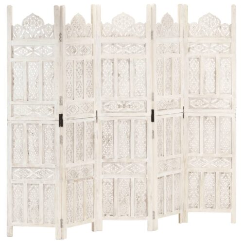 Hand carved 5-Panel Room Divider White 200x165cm Solid Mango Wood