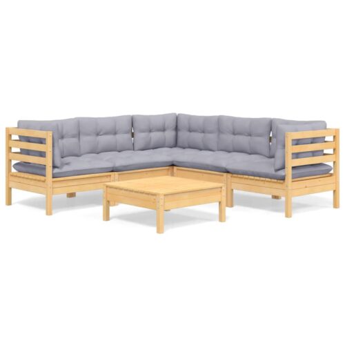 6-Piece Garden Lounge Set with Grey Cushions Pine Wood Outdoor Patio Furniture