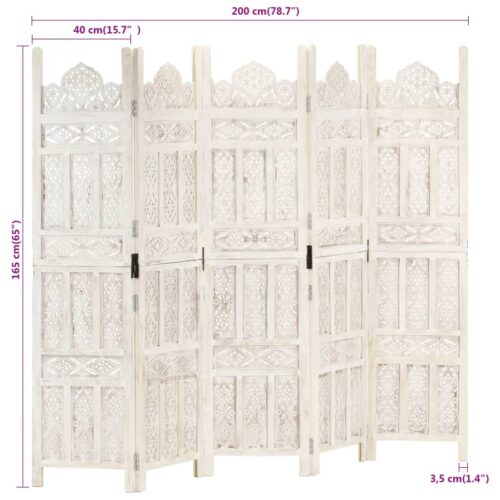 Hand carved 5-Panel Room Divider White 200x165cm Solid Mango Wood - Image 7