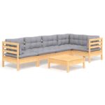 6-Piece Garden Lounge Set with Grey Cushions Pine Wood Outdoor Patio Furniture
