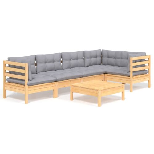 6-Piece Garden Lounge Set with Grey Cushions Pine Wood Outdoor Patio Furniture