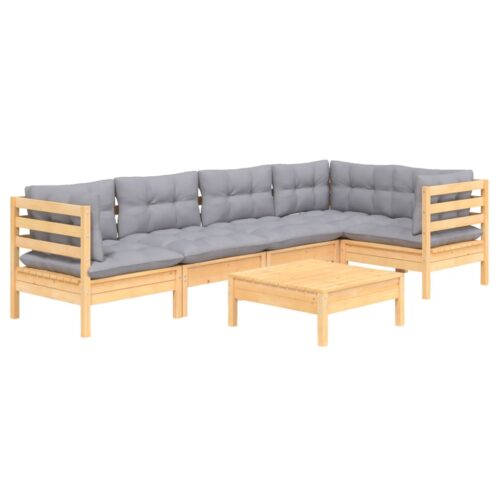 6-Piece Garden Lounge Set with Grey Cushions Pine Wood Outdoor Patio Furniture - Image 3