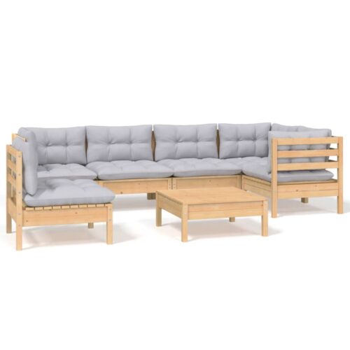7-Piece Garden Lounge Set with Grey Cushions Pine Wood Outdoor Patio Furniture