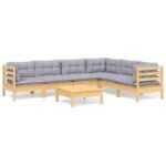 7-Piece Garden Lounge Set with Grey Cushions Pine Wood Outdoor Patio Furniture