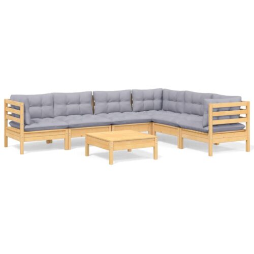 7-Piece Garden Lounge Set with Grey Cushions Pine Wood Outdoor Patio Furniture