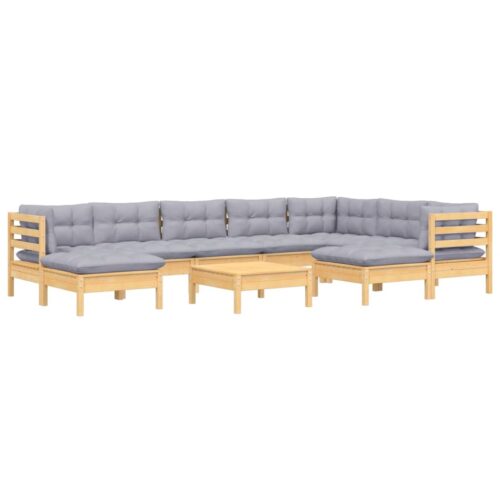 10-Piece Garden Lounge Set with Grey Cushions Pine Wood Outdoor Patio Furniture - Image 3