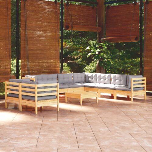 10-Piece Garden Lounge Set with Grey Cushions Pine Wood Outdoor Patio Furniture - Image 2
