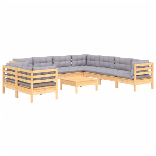 10-Piece Garden Lounge Set with Grey Cushions Pine Wood Outdoor Patio Furniture - Image 3