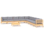10-Piece Garden Lounge Set with Grey Cushions Pine Wood Outdoor Patio Furniture