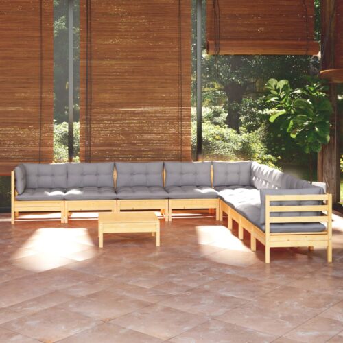 10-Piece Garden Lounge Set with Grey Cushions Pine Wood Outdoor Patio Furniture - Image 2