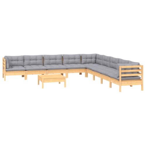 10-Piece Garden Lounge Set with Grey Cushions Pine Wood Outdoor Patio Furniture - Image 3