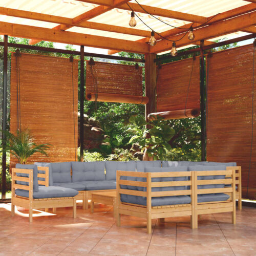 10-Piece Garden Lounge Set with Grey Cushions Pine Wood Outdoor Patio Furniture - Image 2